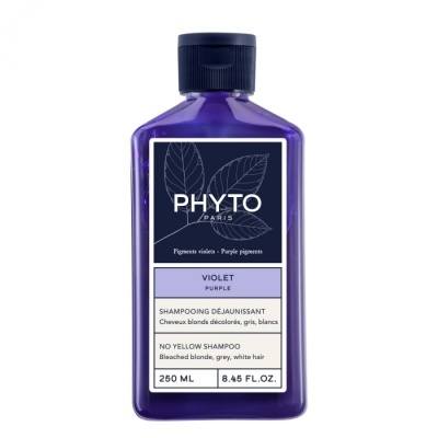 Frasco roxo de shampoo Phyto Paris violeta com rótulo branco e azul escuro