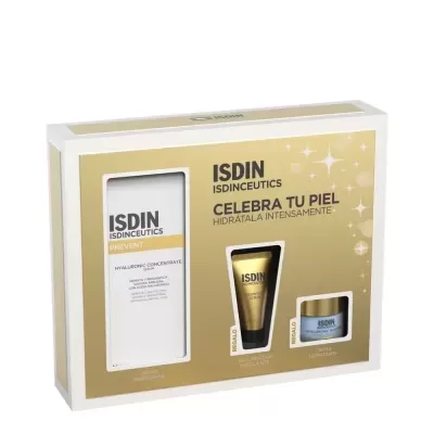 Conjunto de produtos ISDIN ISDINCEUTICS com sérum, gel esfoliante e creme hidratante numa caixa branca e dourada
