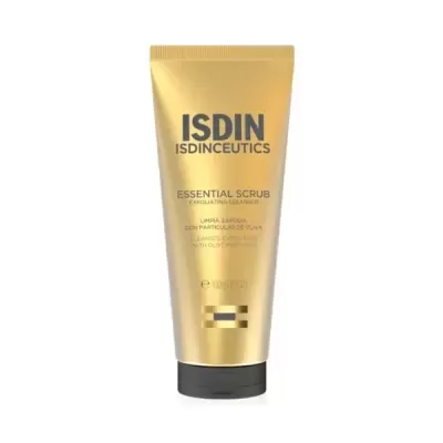 Embalagem dourada de ISDIN ESSENTIAL SCRUB com tampa preta