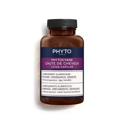 Frasco castanho de suplemento Phyto Phytocyane para queda de cabelo com rótulo azul e roxo