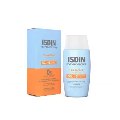 Fotoprotetor ISDIN FusionFluid Mineral em embalagem azul e laranja com texto de protecção solar