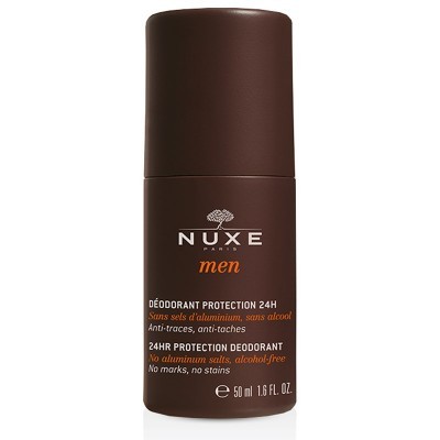 Desodorizante NUXE men castanho com texto branco e laranja