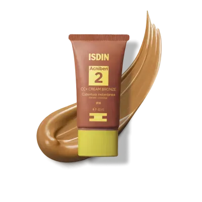 Creme CC+ bronze ISDIN Acniben 2 com embalagem castanha e amarela