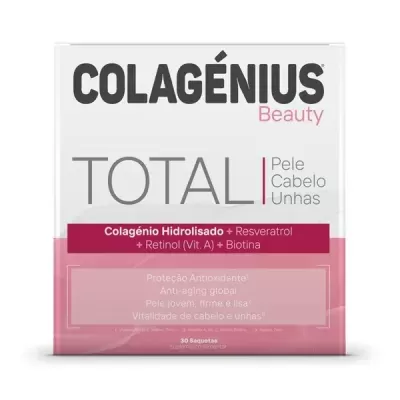 Embalagem de suplemento Colagénius Beauty TOTAL para pele, cabelo e unhas