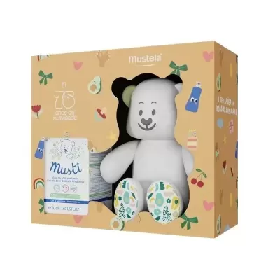 Caixa de presente Mustela com urso de pelúcia e perfume Musti