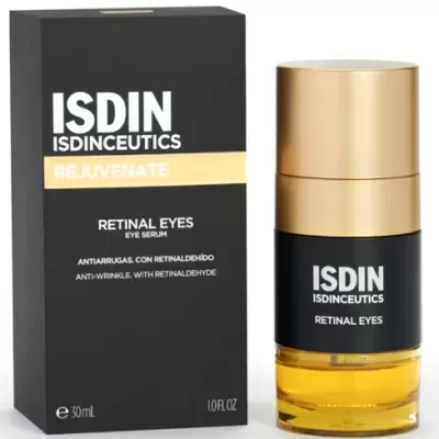 Sérum para olhos ISDIN Retinal Eyes com caixa preta e spray dourado