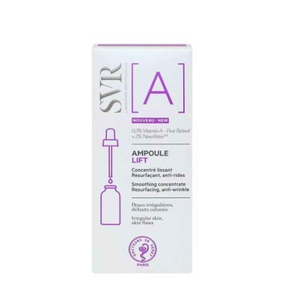 Embalagem do produto SVR A Ampoule Lift branco e roxo com texto informativo