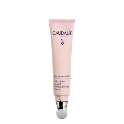 Tubo rosa claro de gel creme para olhos Caudalie Resveratrol-Lift com aplicador metálico