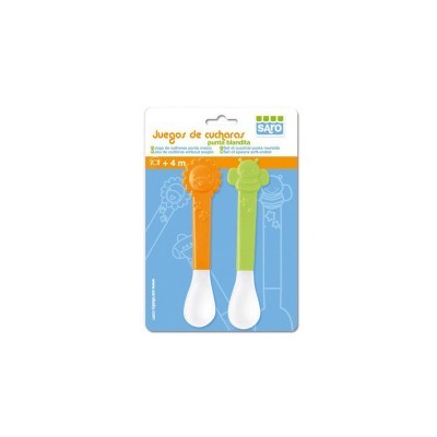 Conjunto de duas colheres para bebés em plástico laranja e verde num cartão azul
