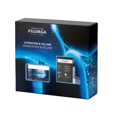 Embalagem de produto cosmético FILORGA Hydration & Volume azul e preta com frasco e sachês visíveis na frente
