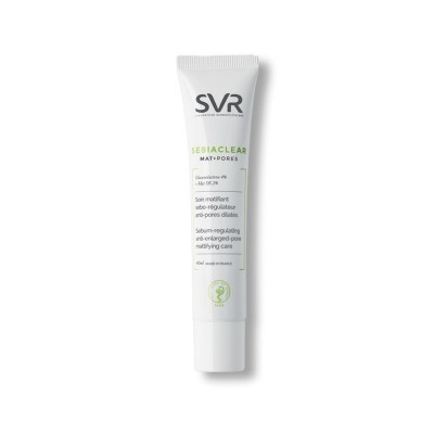 Tubo branco do produto SVR SEBIACLEAR MAT+PORES com texto preto e verde