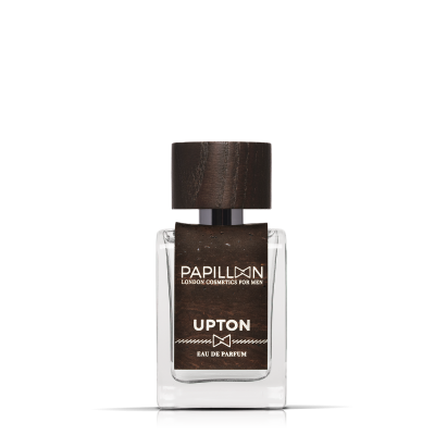 Frasco de perfume Papillon Upton para homens com tampa de madeira escura e rótulo preto