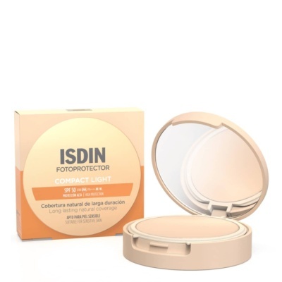 Pó compacto ISDIN Fotoprotector Compact Light SPF 50 em embalagem bege claro com espelho