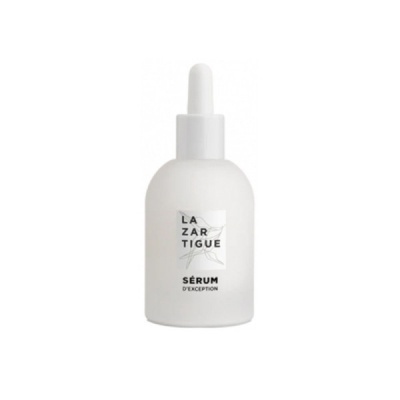 Frasco branco opaco com conta-gotas branco, rótulo com texto preto LAZARTIGUE PARIS SÉRUM D'EXCEPTION.