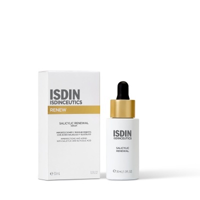 Frasco branco com tampa dourada e embalagem do sérum ISDIN Salicylic Renewal