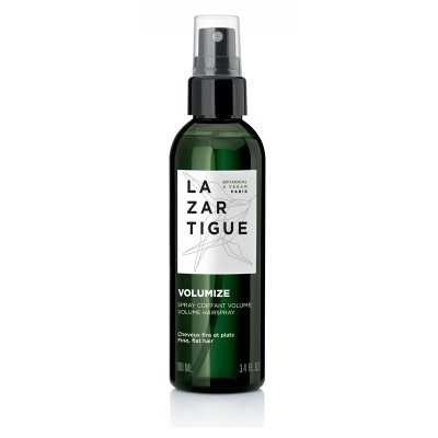 Frasco verde escuro com pulverizador preto de spray para volume capilar LAZARTIGUE