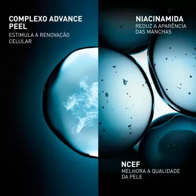 Bolhas transparentes grandes com textura luminosa em fundo azul escuro e texto branco sobre ingredientes de cuidado com a pele