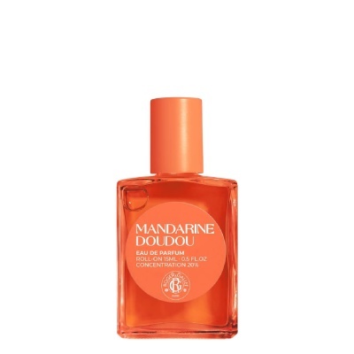 Frasco de perfume Mandarine Doudou laranja com tampa e texto branco