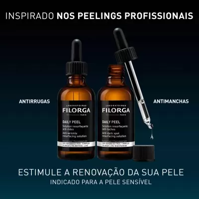 Frascos de vidro castanho com goteros pretos da Filorga Daily Peel
