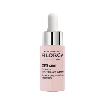Frasco rosa com conta-gotas branco e tampa prateada, rótulo LABORATOIRES FILORGA NCEF-SHOT