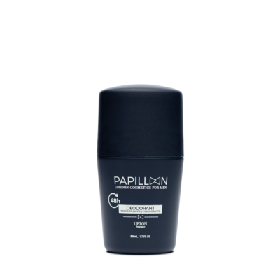 Desodorizante roll-on PAPILLON preto com tampa azul escura