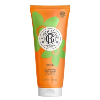 Gel de duche Roger & Gallet em tubo laranja com flores verdes e texto