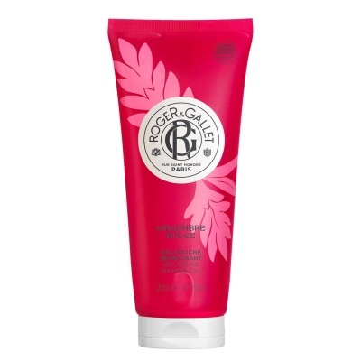 Tubo de gel de banho vermelho com tampa branca da marca Roger & Gallet