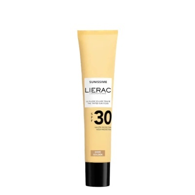 Tubo amarelo de fluido solar Lierac Sunissime SPF30 com tampa preta