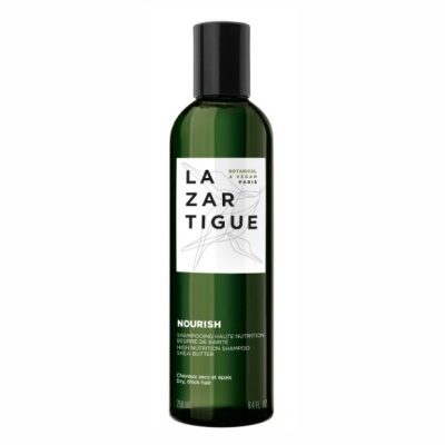 Frasco verde de shampoo Lazartigue Nourish com tampa preta