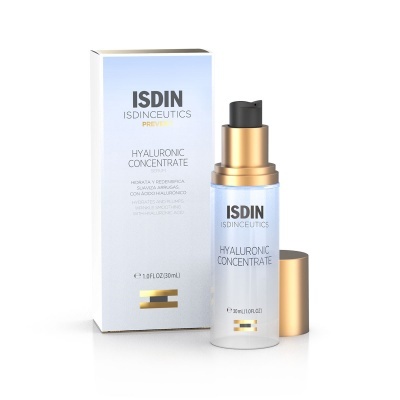 Frasco de concentrado hidratante ISDIN Hyaluronic Concentrate com embalagem e tampa dourada