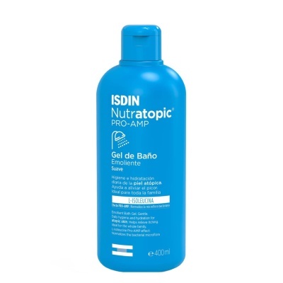 Frasco azul de gel de banho ISDIN Nutratopic PRO-AMP 400 ml