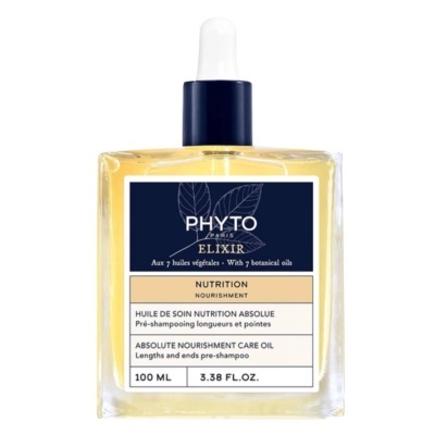 Frasco quadrado transparente com óleo amarelo e rótulo azul e bege do óleo nutritivo PHYTO ELIXIR