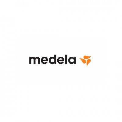 Logotipo Medela com símbolo laranja abstrato