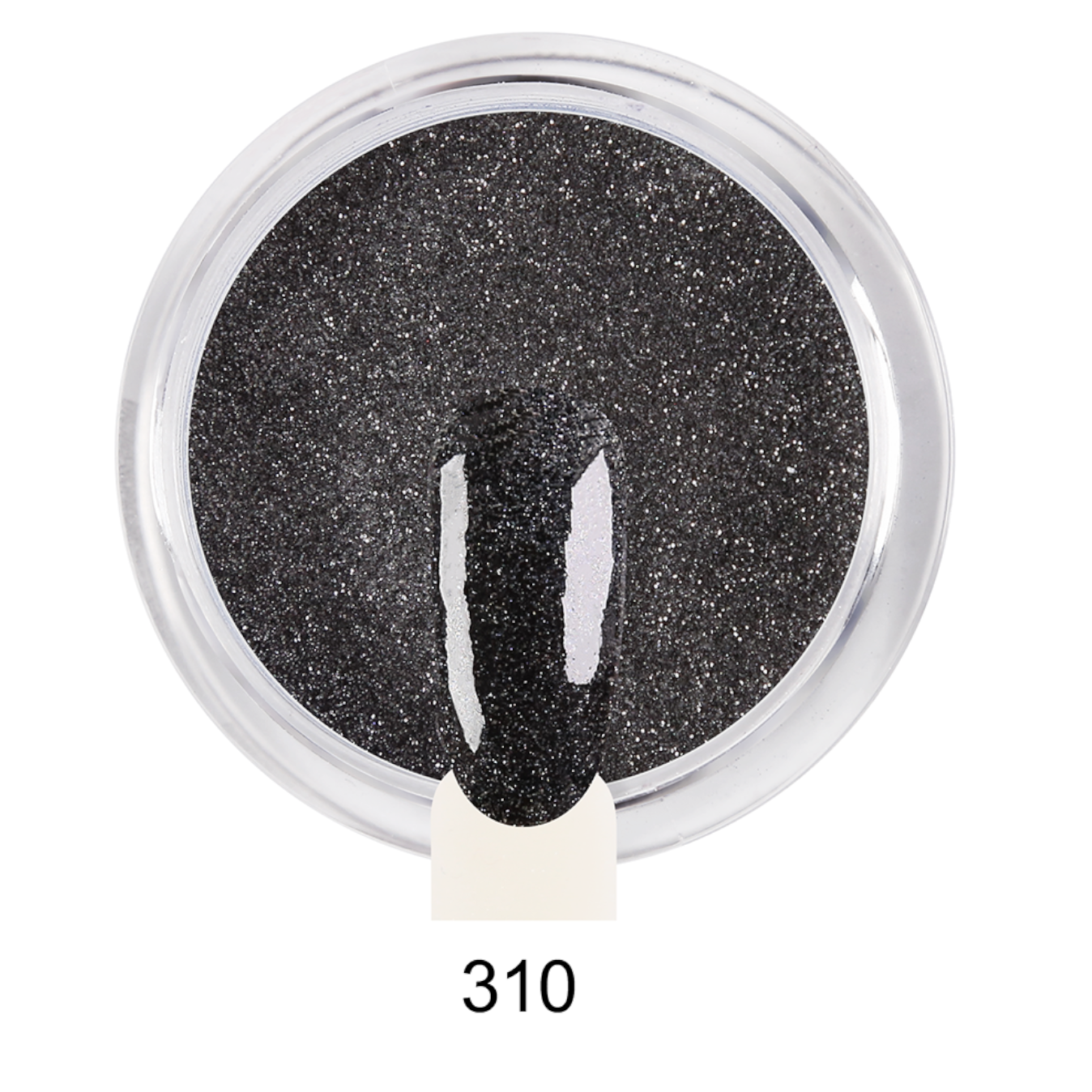 Pó de Imersão 310 Pó para unhas preto com brilhos prateados e amostra de unha número 310