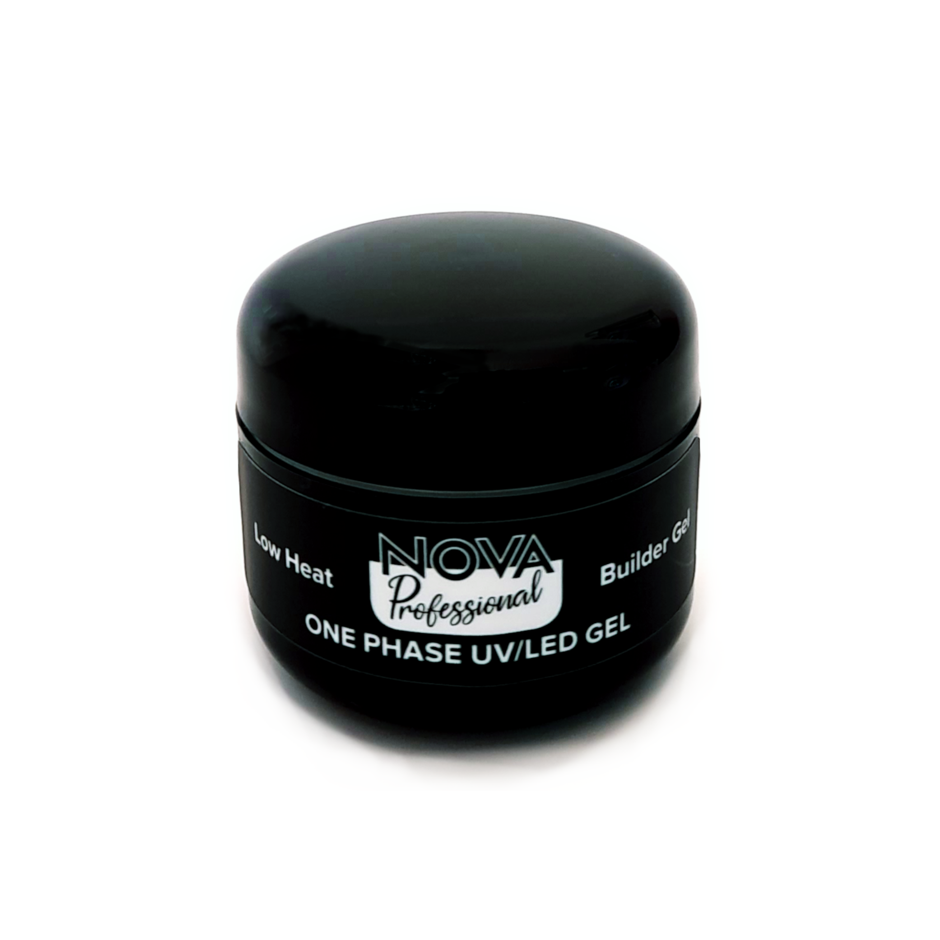 BUILDER GEL Frasco preto de gel UV/LED da marca NOVA Professional com texto branco e verde.