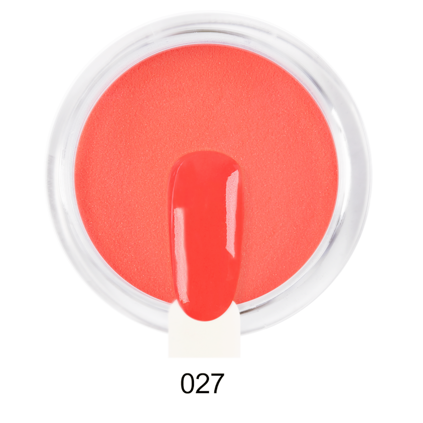 Pó de Imersão 027 Recipiente com produto cosmético coral e amostra da cor nº 027