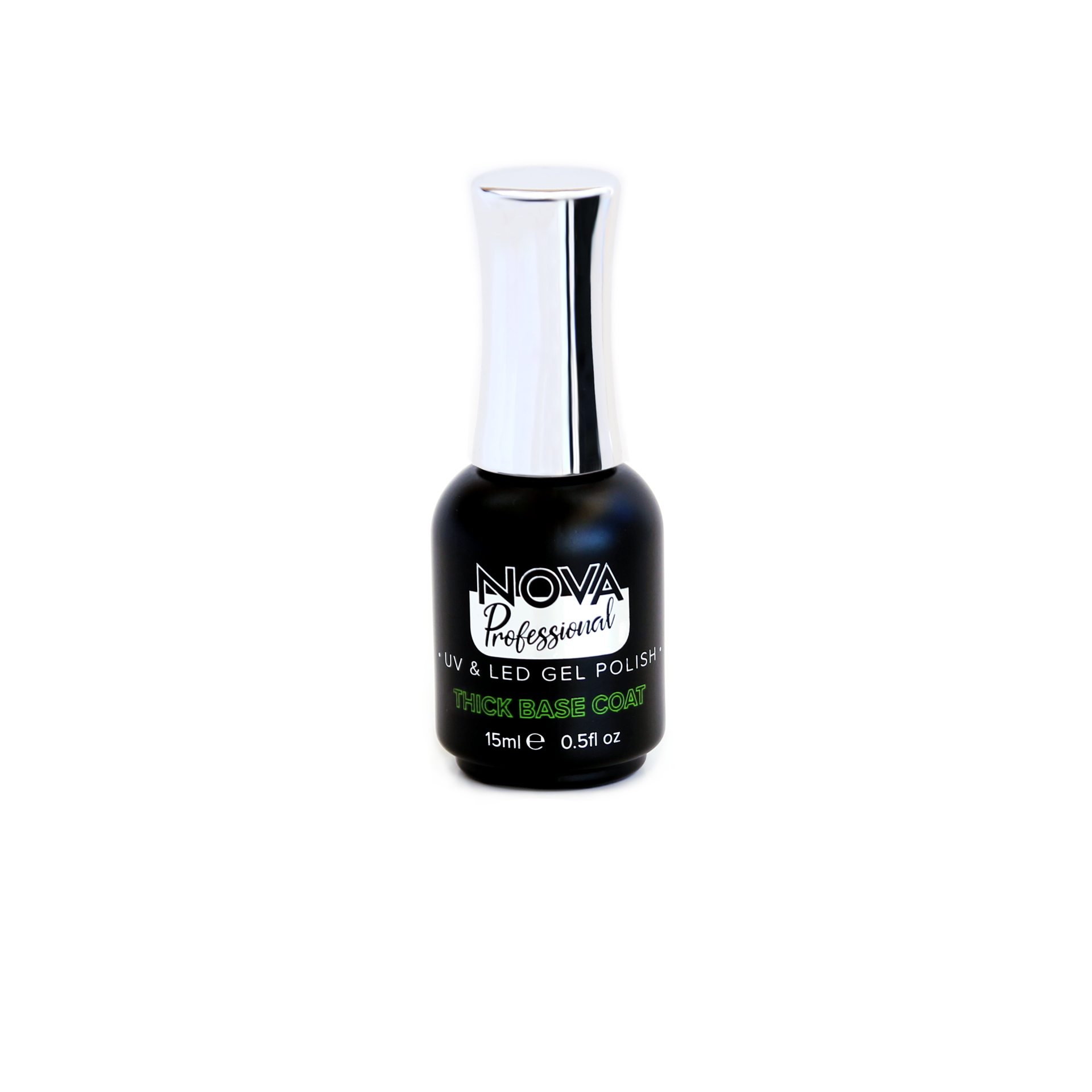 THICK BASE COAT Frasco preto de verniz gel de unhas NOVA Professional com tampa prateada sobre fundo branco