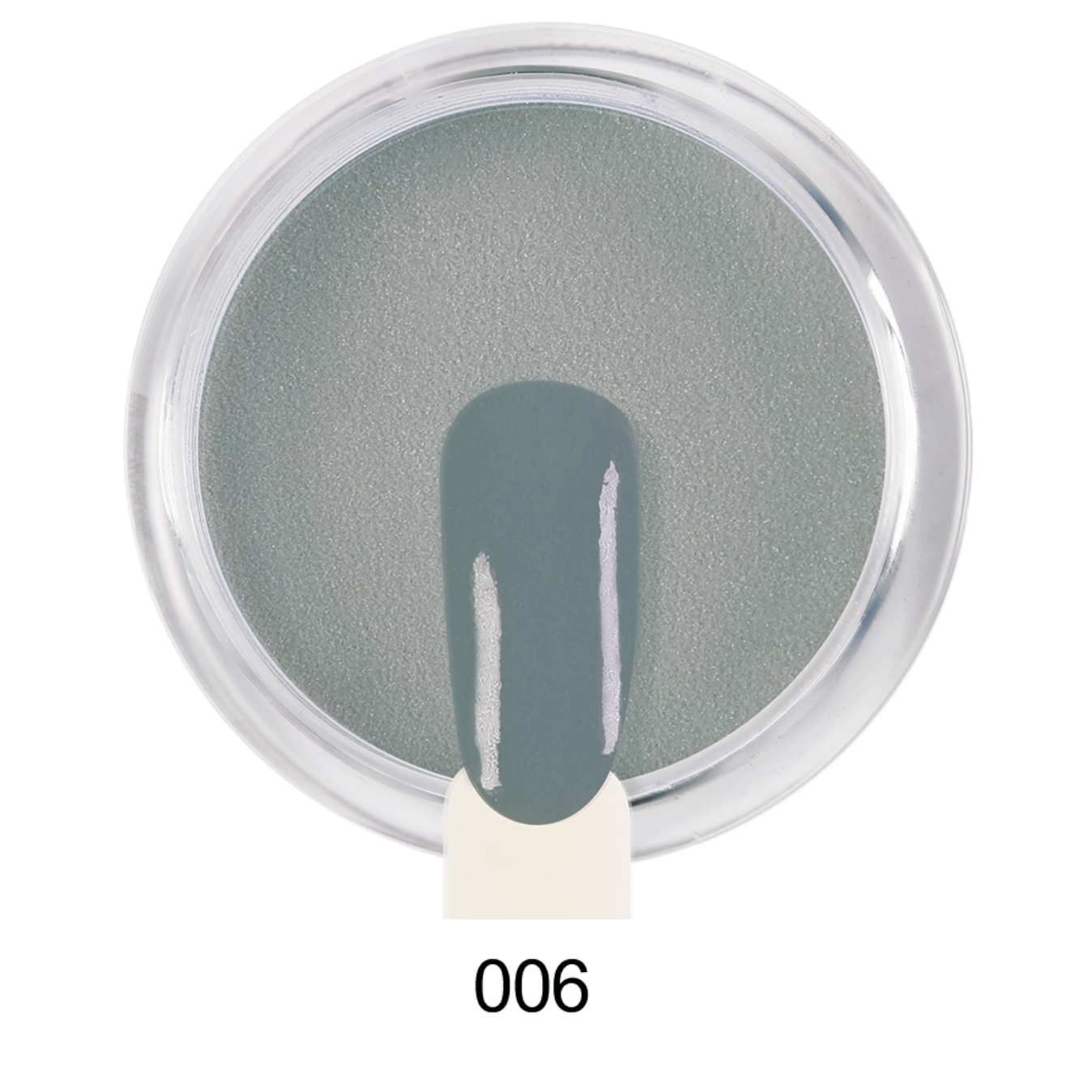 Pó de Imersão 006 Pote de verniz cinza esverdeado com amostra e código 006
