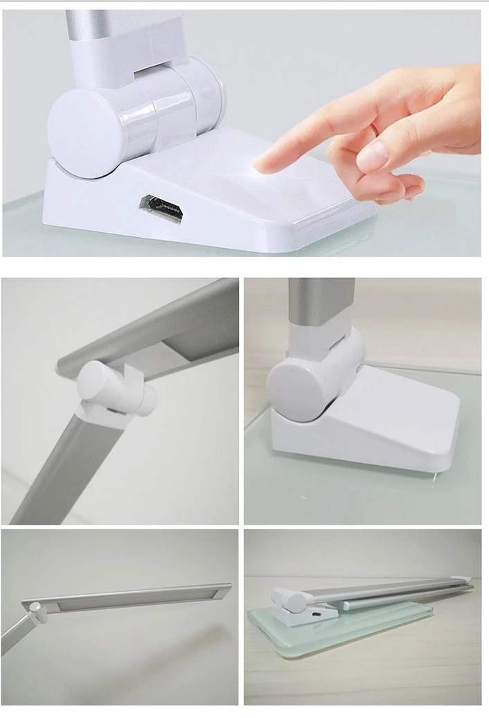 CANDEEIRO LED - DESIGN MODERNO Lâmpada de mesa LED branca articulada com base e braço metálicos numa secretária