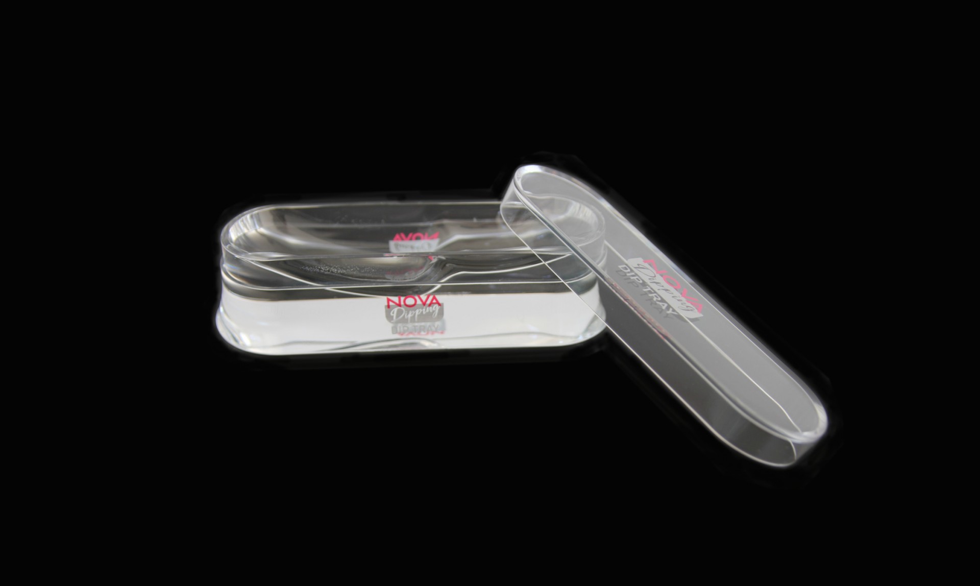 DIP TRAY NOVA DIPPING Caixa de plástico transparente retangular com tampa destacada ao lado