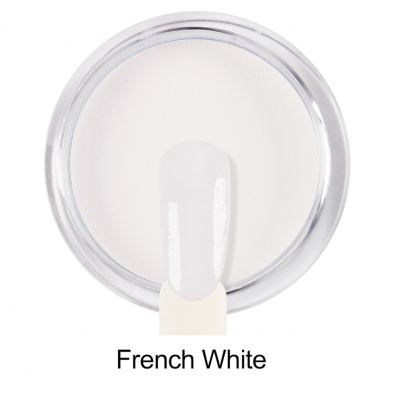 Pote de verniz de unhas branco opaco com amostra de cor e texto French White