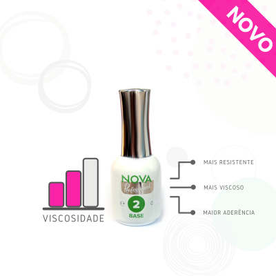 Frasco de verniz para unhas NOVA Professional 2 BASE com gráficos e texto descritivo em fundo branco