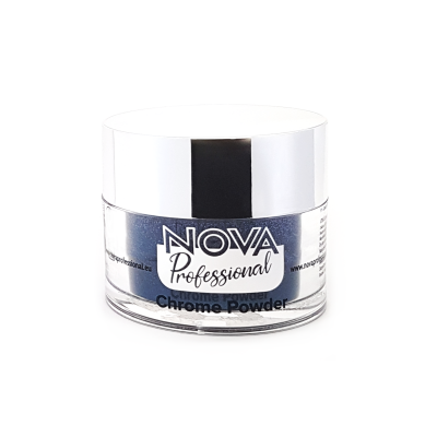 Frasco de pó cromado azul da marca NOVA Professional com tampa prateada