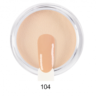 Pó compacto bege claro em embalagem transparente com amostra de cor número 104