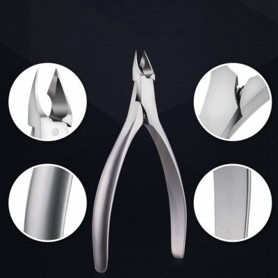 Alicate de corte em aço inoxidável prateado com detalhes em várias vistas