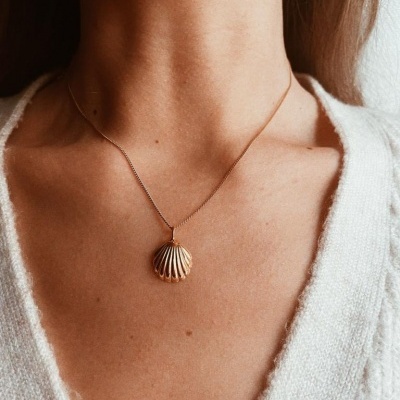 Colar dourado com pendente em forma de concha ao pescoço