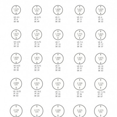 Tabela de medidas de anéis com diâmetros e tamanhos em várias unidades.