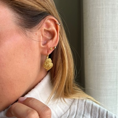 Brincos dourados e prateados em orelha feminina com camisola branca