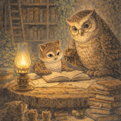 Desenho de corujas a estudar numa mesa com livros e uma lâmpada acesa