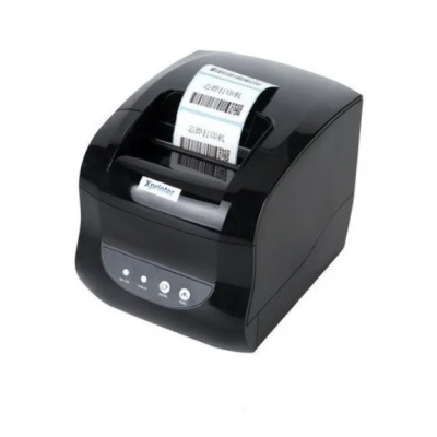 Impressora térmica de etiquetas preta com etiquetas de código de barras e botões frontais